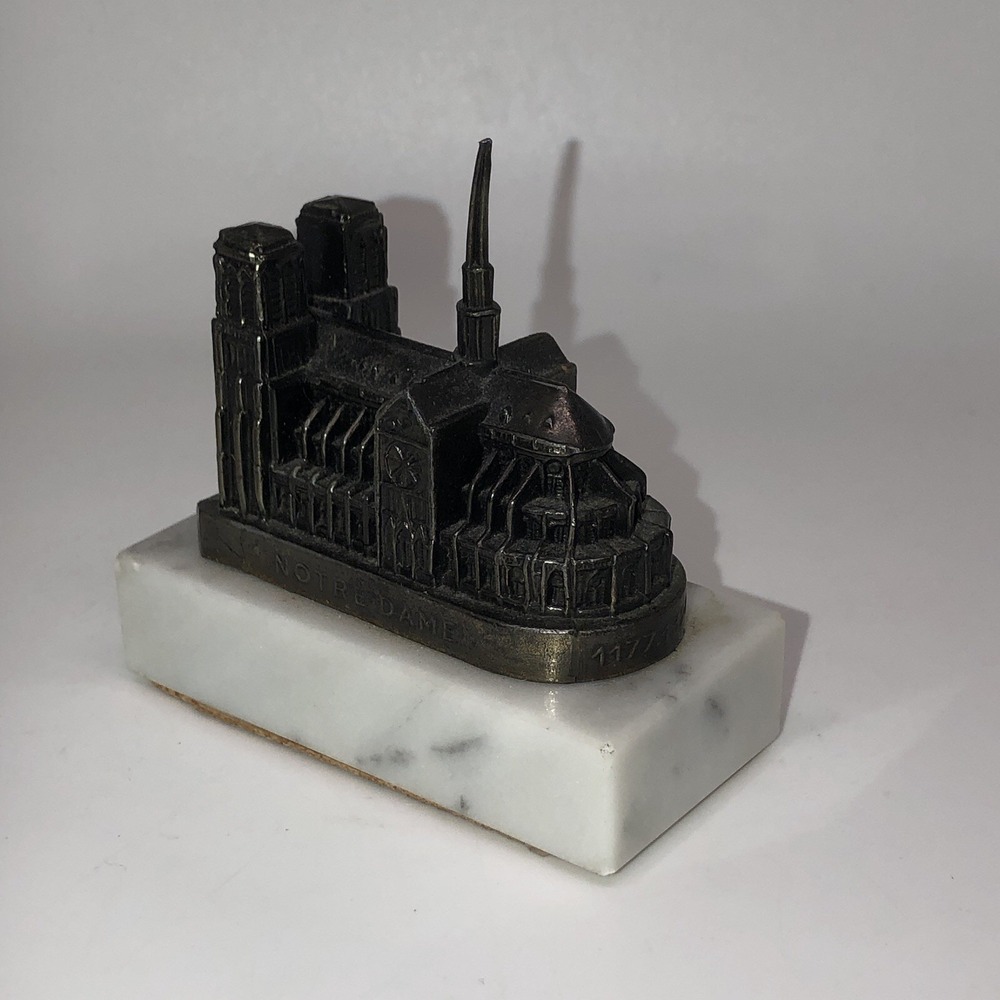 Metal NOTRE DAME CATHEDRAL Sculpture French Landmark Paris Souvenir Marble Base